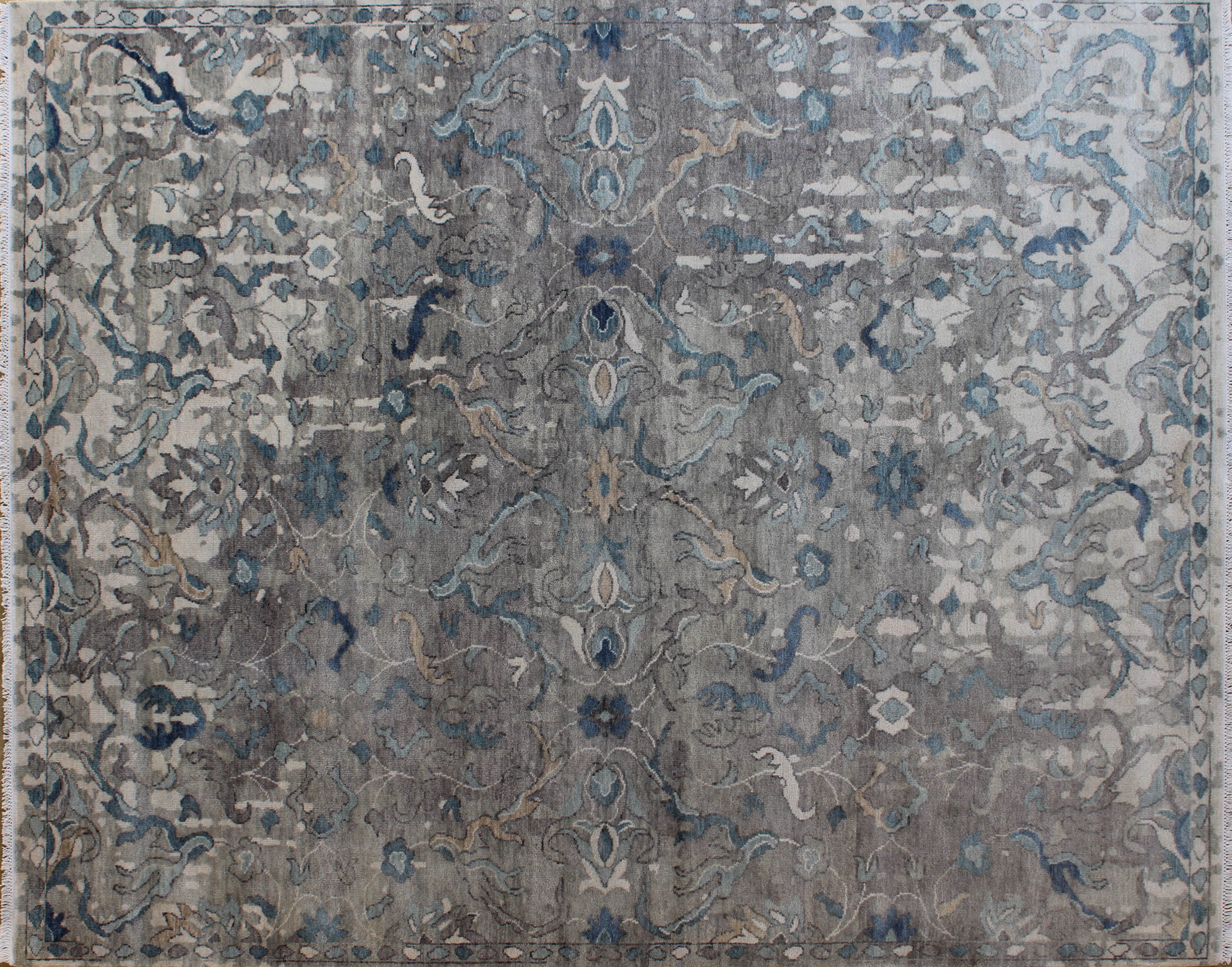 Distressed Gray Floral Vine Rug 8ft x 10ft - Handknotted Carpet Manufacturer Mirzapur